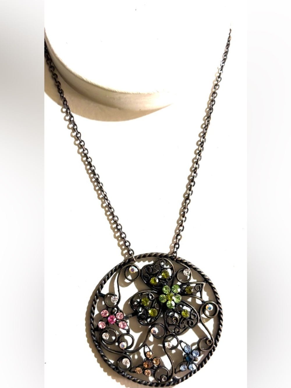 Vintage Multicolored Crystal Floral Medallion Necklace
